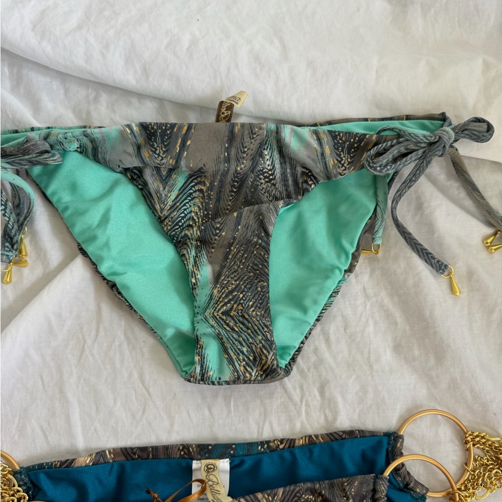 Bellissima Luxury Bikini Bottoms Teal & Bronze Feather Print Side Tie Size L NEW - Picture 7 of 16